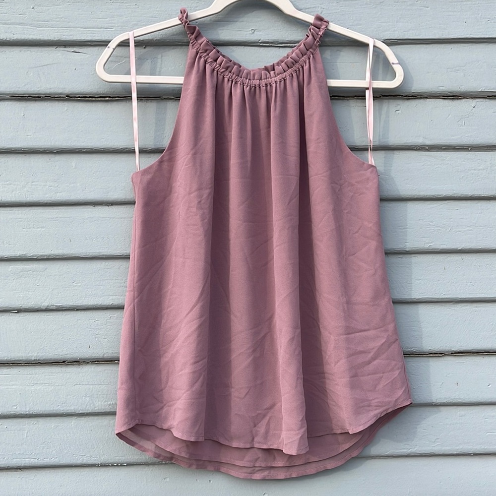 NWT ruffle neck detail pink mauve double layered chiffon halter look top
